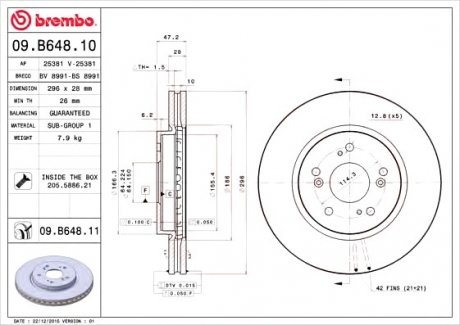 Тормозной диск вентилируемый BM BREMBO 09.B648.10