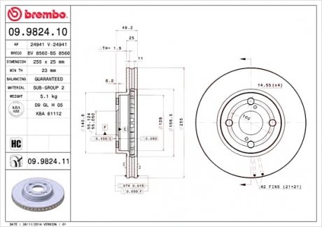 Тормозной диск вентилируемый BM BREMBO 09.9824.10 (фото 1)