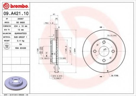 Диск гальмівний/ BREMBO 09.A421.10