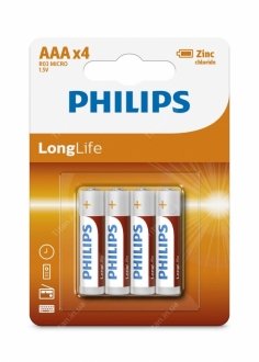 Батарейки цилиндрические, солевые LONGLIFE AAA PHILIPS R03L4B/10