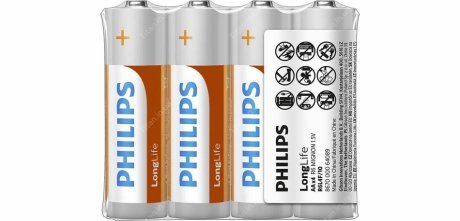 Батарейки цилиндрические, солевые LONGLIFE AA PHILIPS R6L4F/10