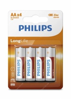 Батарейки цилиндрические, солевые LONGLIFE AA PHILIPS R6L4B/10
