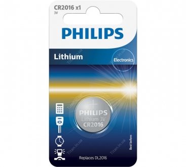 Батарейки кнопочные, литиевые CR2016 PHILIPS CR2016/01B (фото 1)