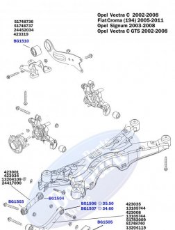 Сайлентблок рычага (заднего/верхнего) Opel Vectra С 1.9CDTI/2.0DTI 02- (47,50x14,00) PARTS BELGUM BG1502 (фото 1)