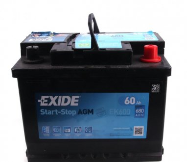Акумулятор AGM - 60Ah| EN 680 | 242x175x190 (ДхШхВ) EXIDE EK600 (фото 1)