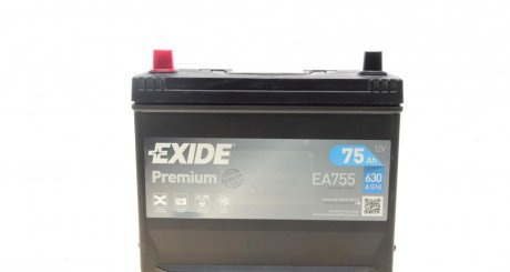Аккумуляторная батарея 75h/630A (270x173x222) Premium (прямая полярность +L) Азия EXIDE EA755