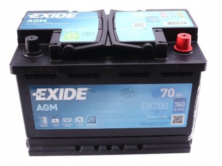 Акумуляторна батарея 70Ah/760A (278x175x190/+R) (Start-Stop AGM) EXIDE EK700 (фото 1)