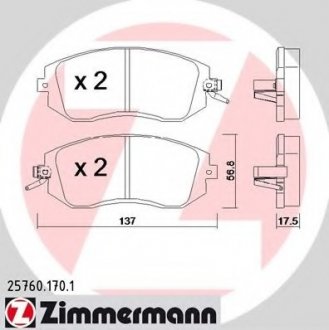 Комплект гальмівних колодок, дискове гальмо ZIMMERMANN 257601701