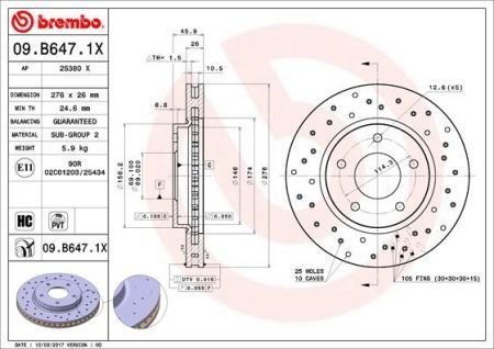 Тормозной диск BM 09.B647.1X BREMBO 09B6471X (фото 1)