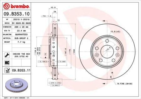 Тормозной диск 09.B353.11 BREMBO 09B35311 (фото 1)