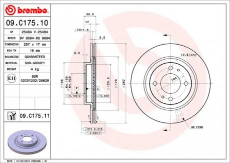 Гальмівний диск 09.C175.11 BREMBO 09C17511 (фото 1)