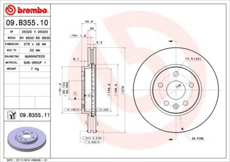 Тормозной диск 09.B355.11 BREMBO 09B35511 (фото 1)