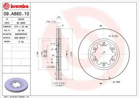 Тормозной диск BREMBO 09A86010