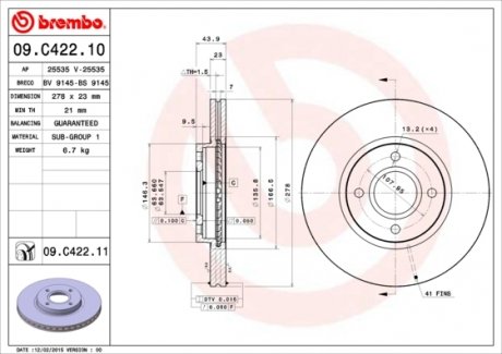 Тормозной диск 09.C422.11 BREMBO 09C42211 (фото 1)